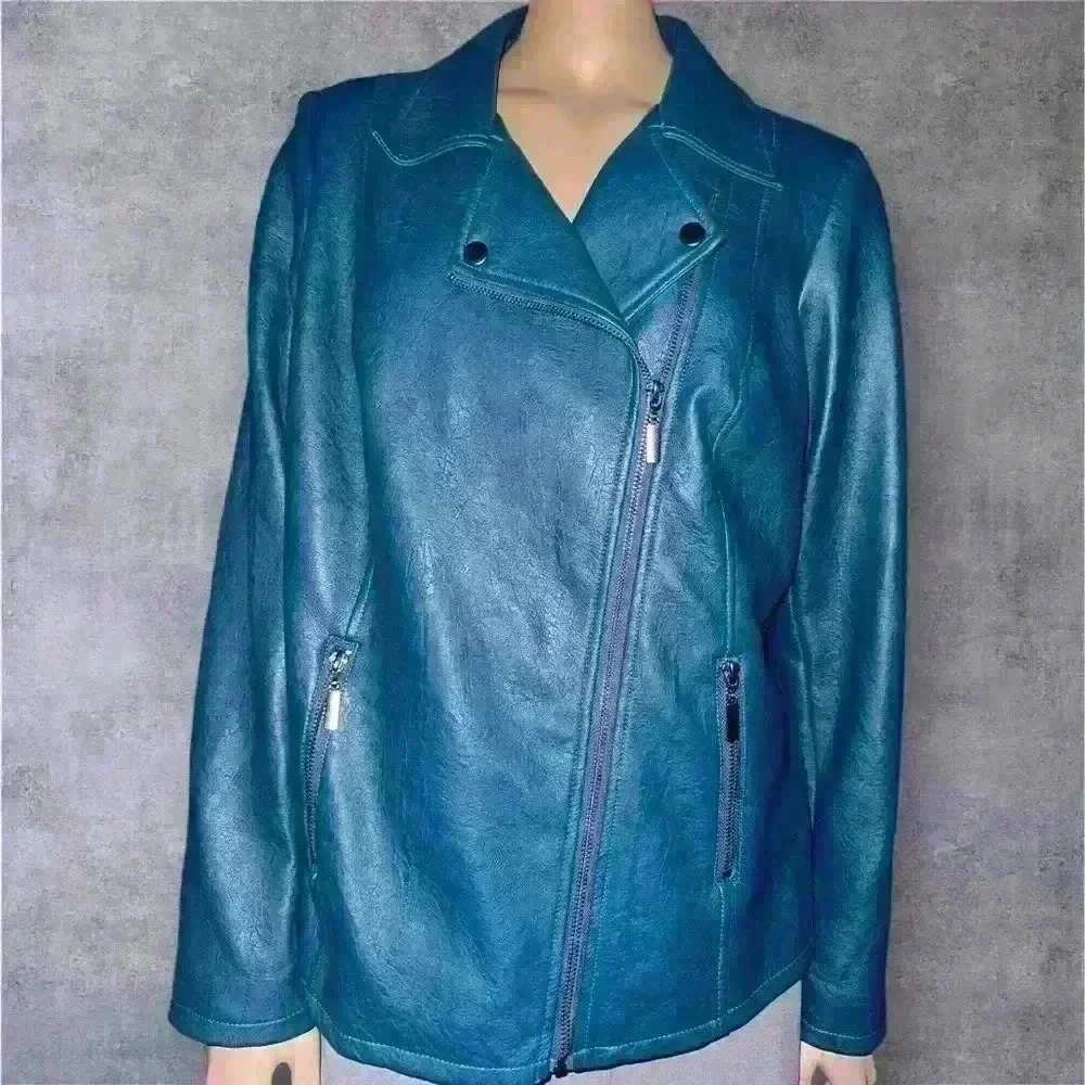 NWOT Alfani Women's Asymmetrical Zip Teal Faux Leather Jacket size 1X